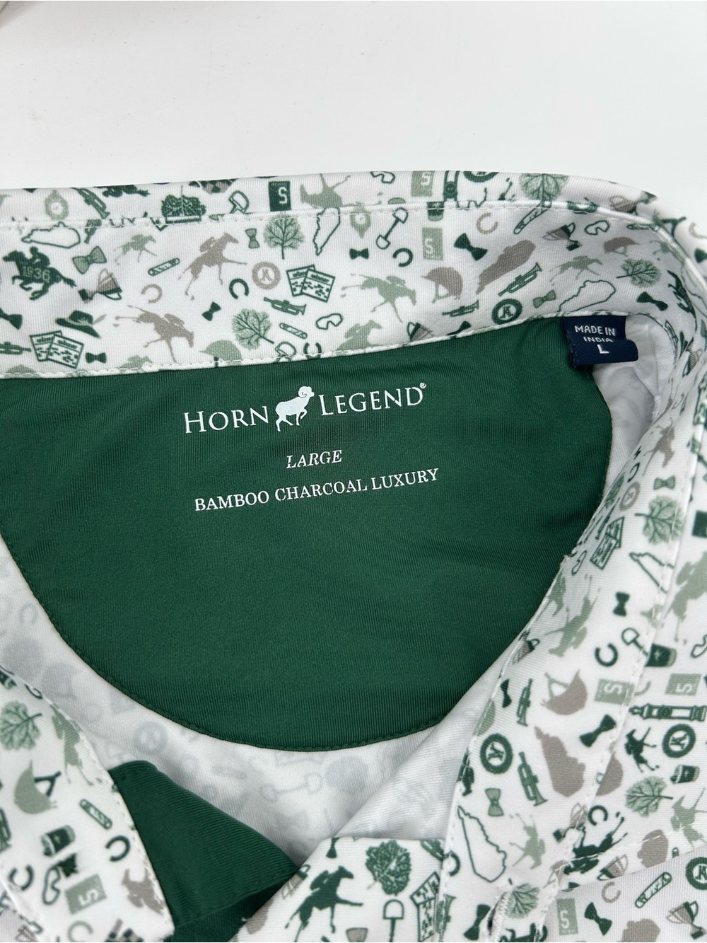 Men’s Horn Legend Bamboo Charcoal Luxury Derby Racing Polo Sz Large White Green